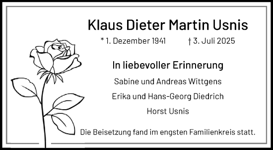 Traueranzeige von Klaus Dieter  Usnis von trauer.extra-tipp-moenchengladbach.de