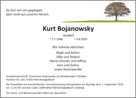 Traueranzeige von Kurt Bojanowsky von trauer.extra-tipp-moenchengladbach.de