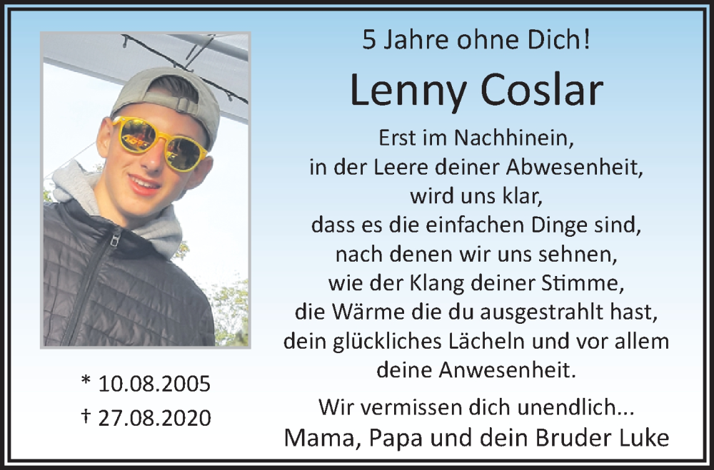  Traueranzeige für Lenny Coslar vom 31.08.2025 aus trauer.extra-tipp-moenchengladbach.de