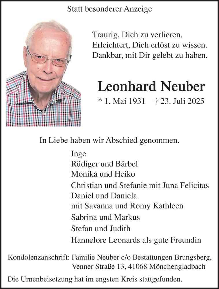  Traueranzeige für Leonhard Neuber vom 17.08.2025 aus trauer.extra-tipp-moenchengladbach.de
