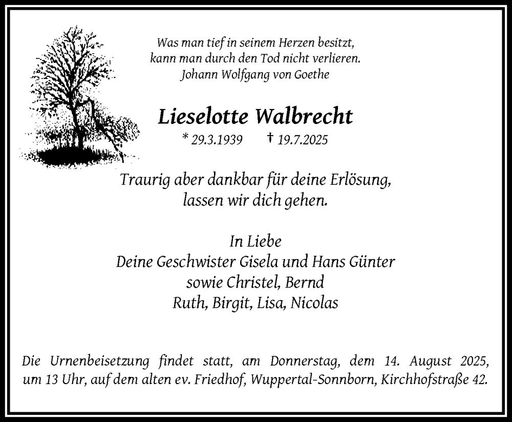  Traueranzeige für Lieselotte Walbrecht vom 09.08.2025 aus trauer.wuppertaler-rundschau.de