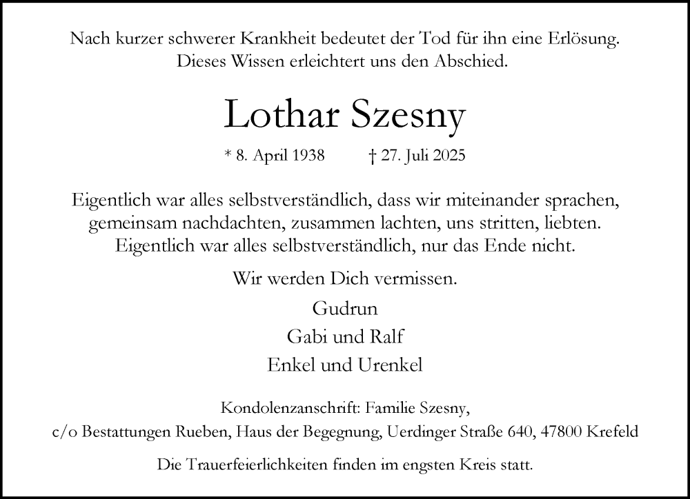  Traueranzeige für Lothar Szesny vom 03.08.2025 aus trauer.extra-tipp-moenchengladbach.de