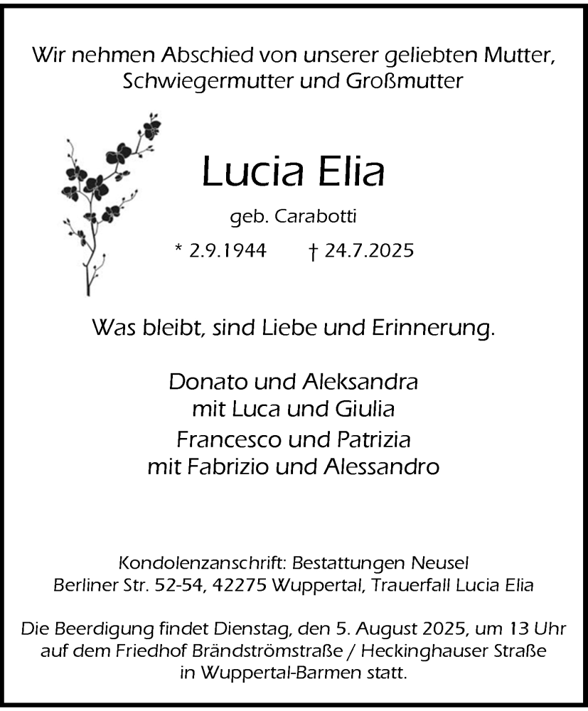  Traueranzeige für Lucia Elia vom 02.08.2025 aus trauer.wuppertaler-rundschau.de