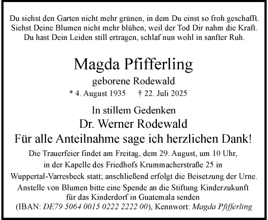 Traueranzeige von Magda Pfifferling von trauer.wuppertaler-rundschau.de