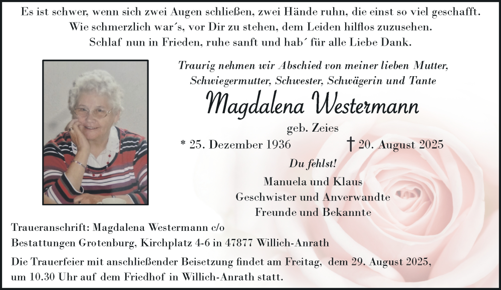  Traueranzeige für Magdalena Westermann vom 24.08.2025 aus trauer.extra-tipp-moenchengladbach.de