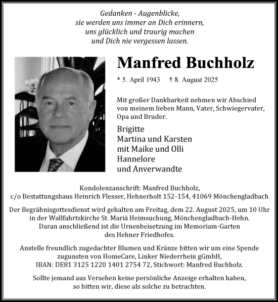 Traueranzeige von Manfred Buchholz von trauer.extra-tipp-moenchengladbach.de