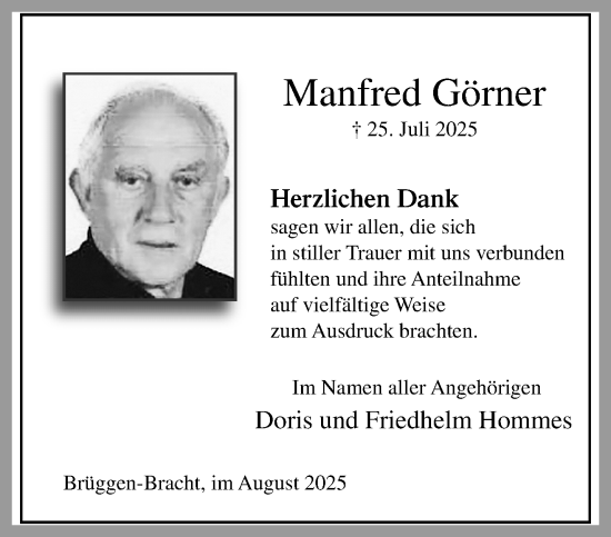 Traueranzeige von Manfred Görner von trauer.extra-tipp-moenchengladbach.de