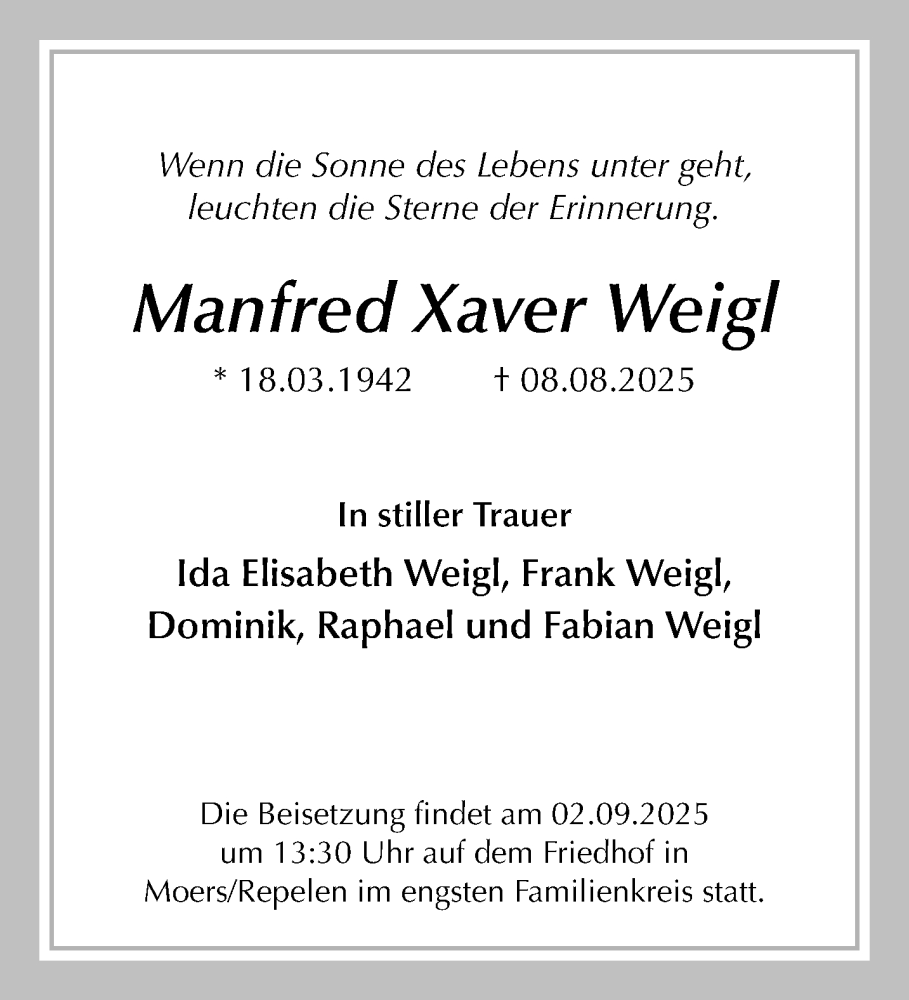  Traueranzeige für Manfred Xaver Weigl vom 31.08.2025 aus trauer.extra-tipp-moenchengladbach.de