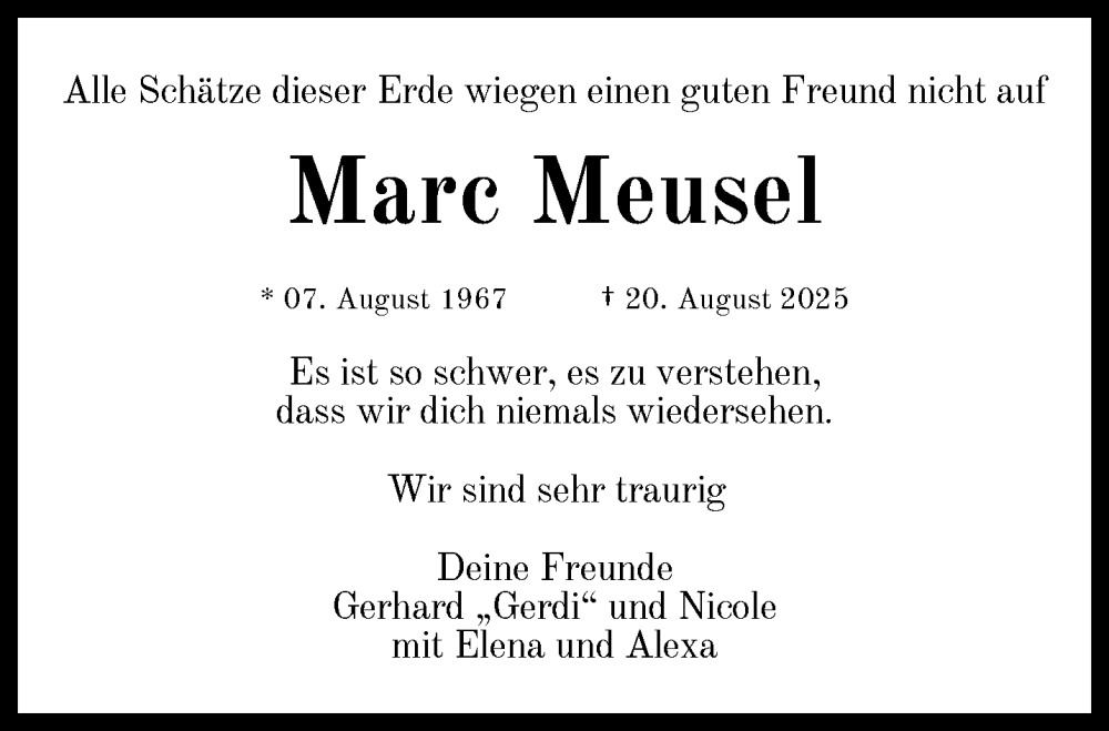  Traueranzeige für Marc Meusel vom 30.08.2025 aus trauer.wuppertaler-rundschau.de
