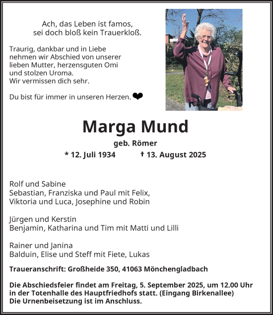 Traueranzeige von Marga Mund von trauer.extra-tipp-moenchengladbach.de