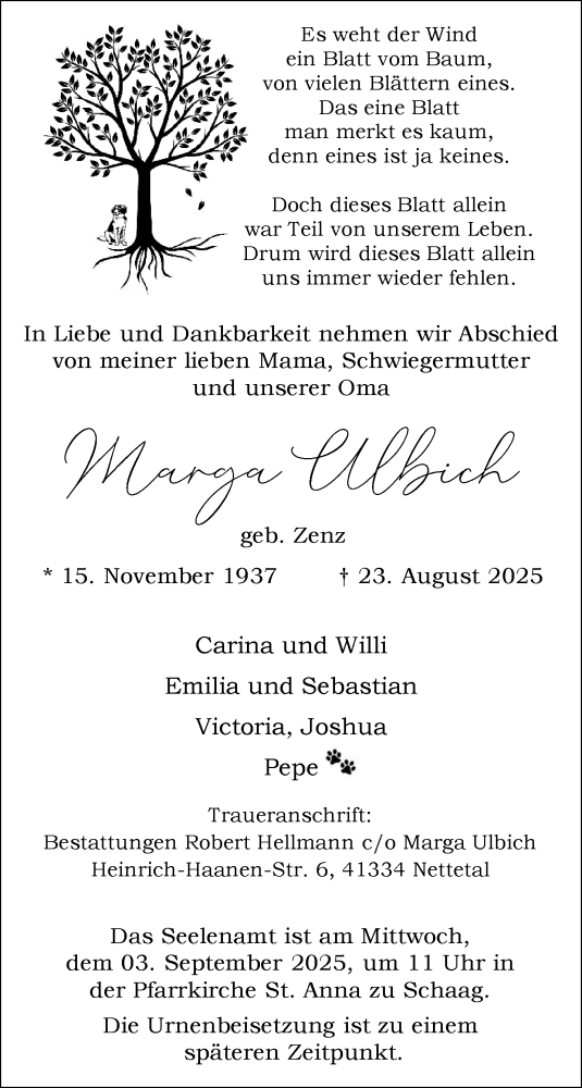 Traueranzeige von Marga Ulbich von trauer.extra-tipp-moenchengladbach.de