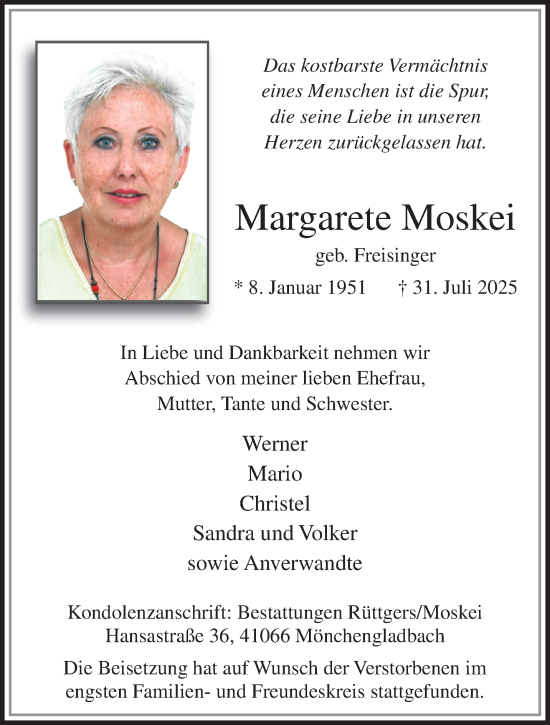 Traueranzeige von Margarete Moskei von trauer.extra-tipp-moenchengladbach.de