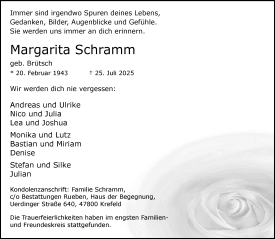 Traueranzeige von Margarita Schramm von trauer.extra-tipp-moenchengladbach.de