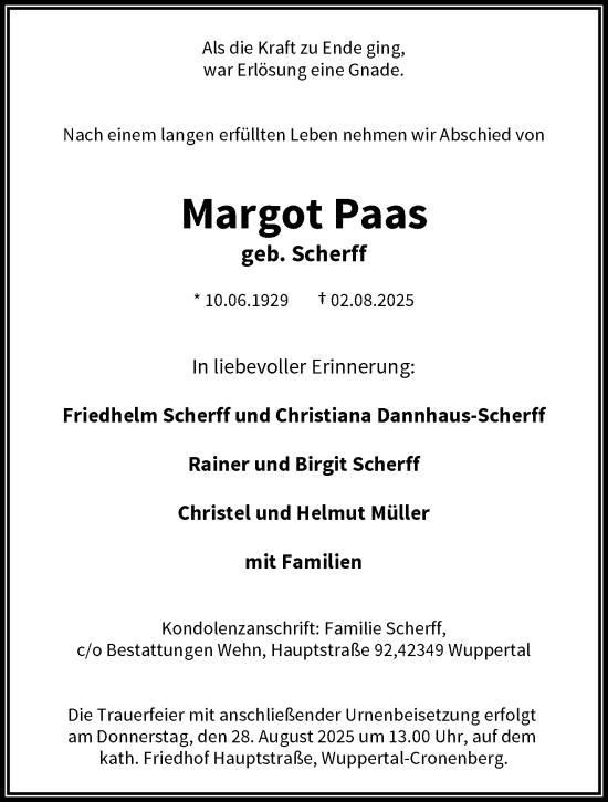 Traueranzeige von Margot Paas von trauer.wuppertaler-rundschau.de