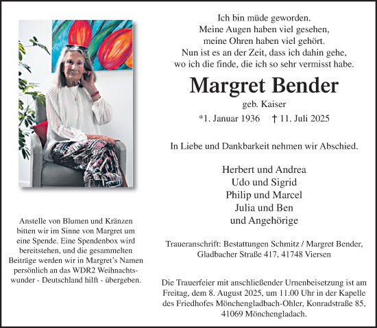 Traueranzeige von Margret Bender von trauer.extra-tipp-moenchengladbach.de
