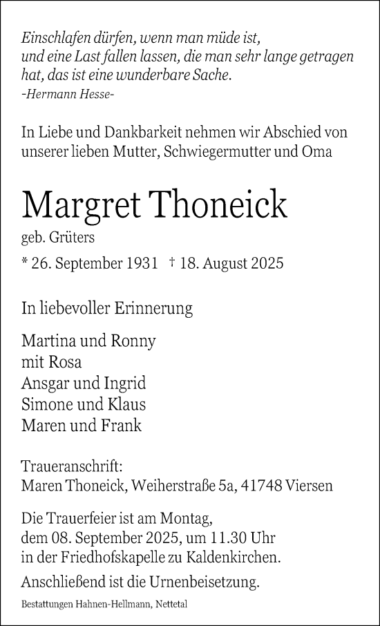 Traueranzeige von Margret Thoneick von trauer.extra-tipp-moenchengladbach.de