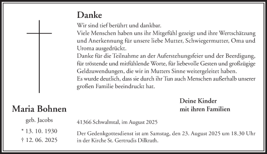 Traueranzeige von Maria Bohnen von trauer.extra-tipp-moenchengladbach.de