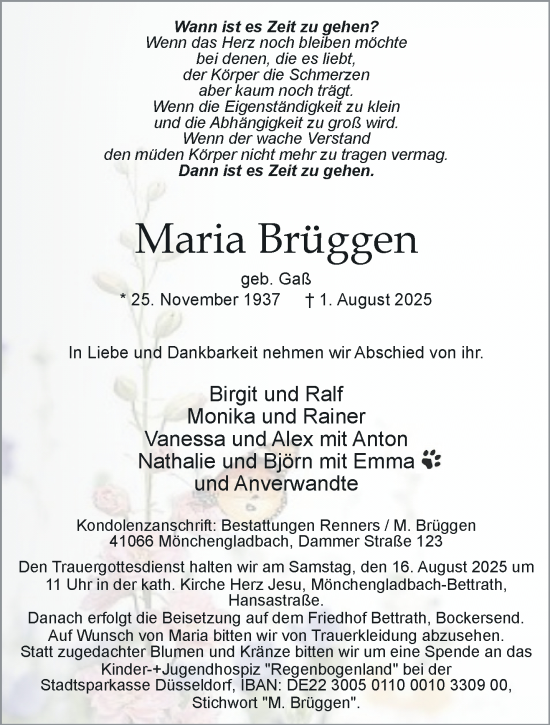 Traueranzeige von Maria Brüggen von trauer.extra-tipp-moenchengladbach.de