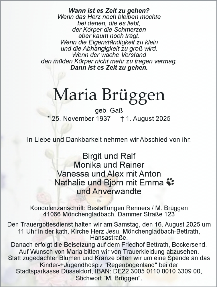  Traueranzeige für Maria Brüggen vom 10.08.2025 aus trauer.extra-tipp-moenchengladbach.de
