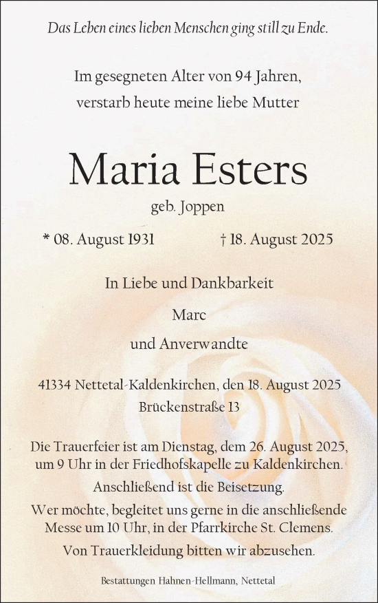 Traueranzeige von Maria Esters von trauer.extra-tipp-moenchengladbach.de
