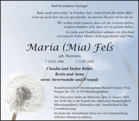 Traueranzeige von Maria Fels von trauer.extra-tipp-moenchengladbach.de