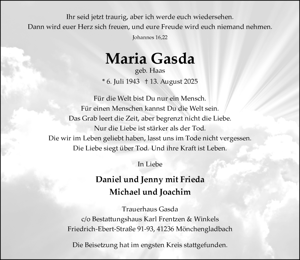  Traueranzeige für Maria Gasda vom 31.08.2025 aus trauer.extra-tipp-moenchengladbach.de