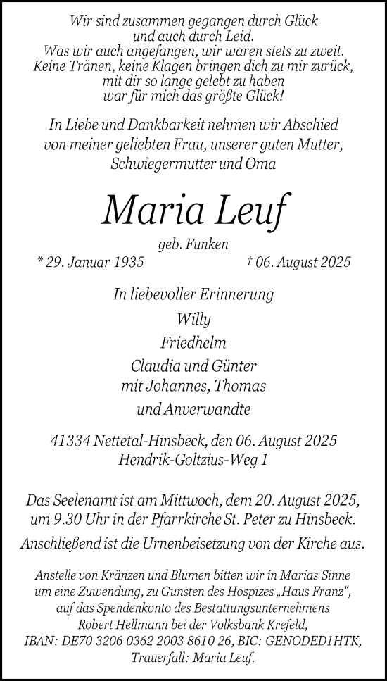 Traueranzeige von Maria Leuf von trauer.extra-tipp-moenchengladbach.de