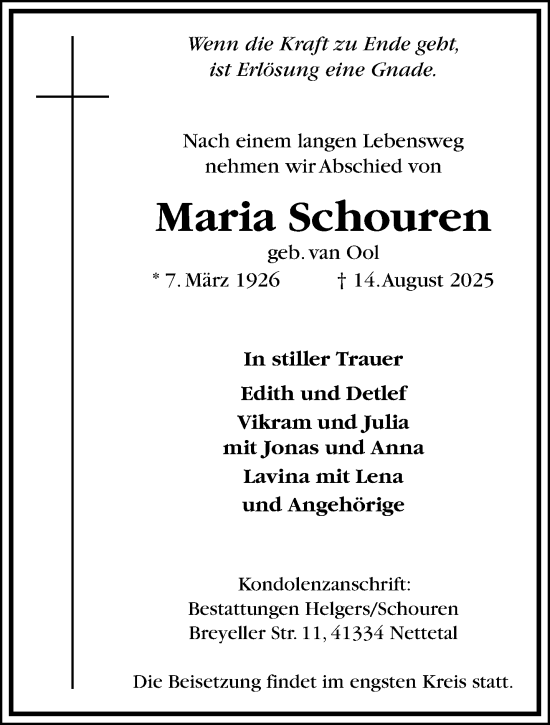 Traueranzeige von Maria Schouren von trauer.extra-tipp-moenchengladbach.de