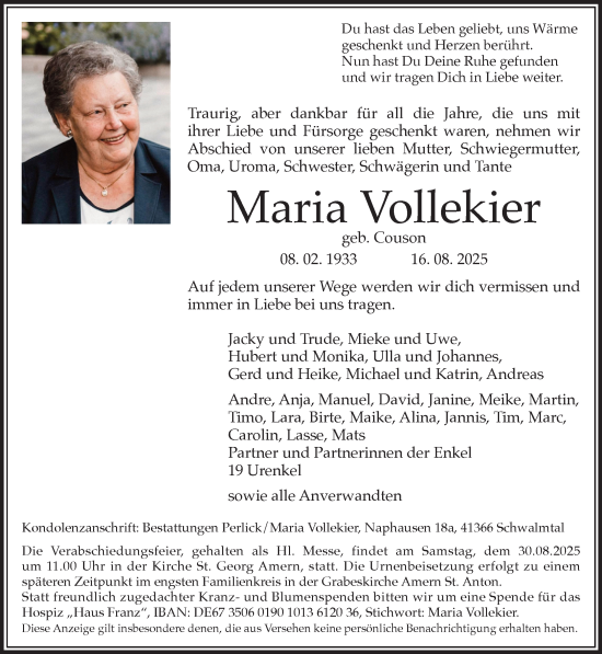 Traueranzeige von Maria Vollekier von trauer.extra-tipp-moenchengladbach.de