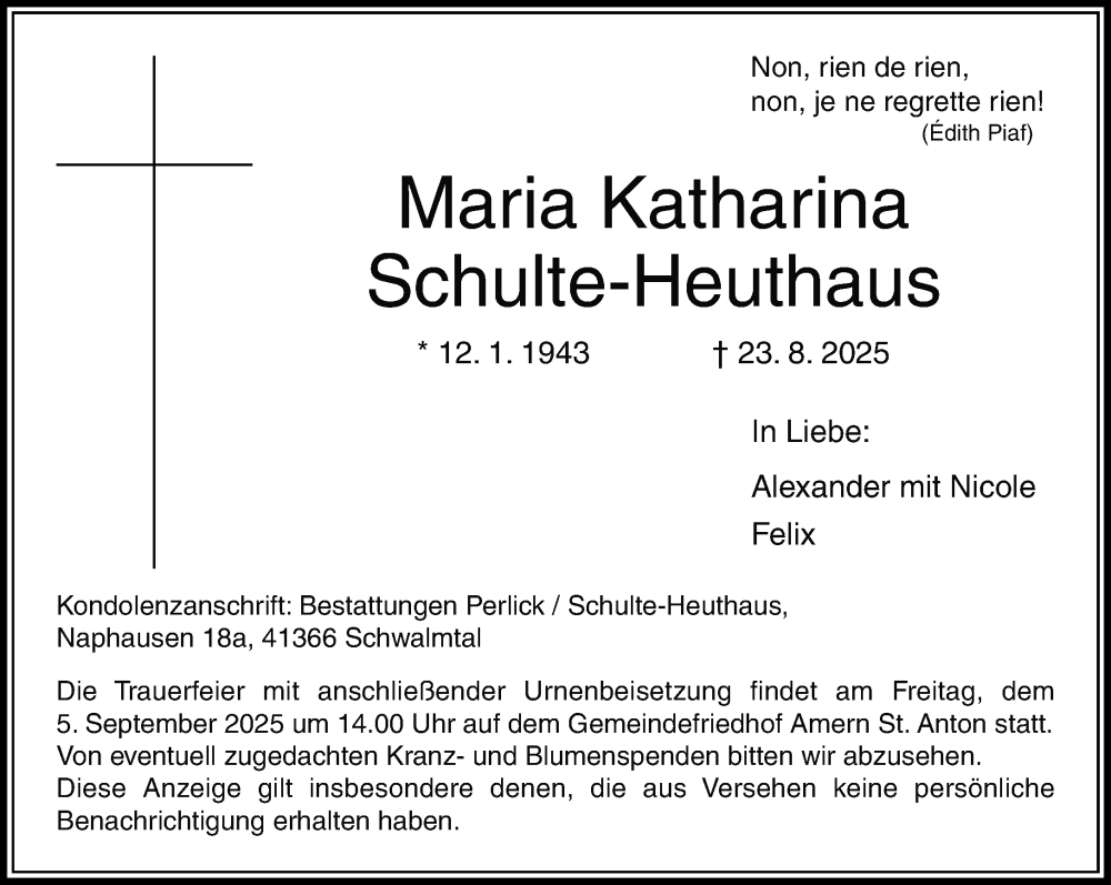  Traueranzeige für Maria Katharina Schulte-Heuthaus vom 31.08.2025 aus trauer.extra-tipp-moenchengladbach.de