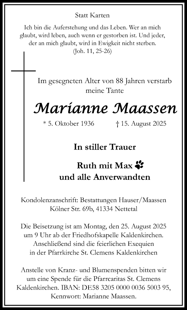  Traueranzeige für Marianne Maassen vom 24.08.2025 aus trauer.extra-tipp-moenchengladbach.de