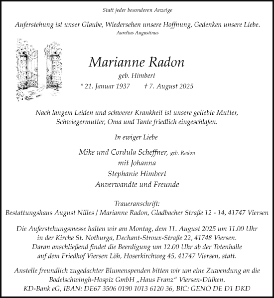 Traueranzeige von Marianne Radon von trauer.extra-tipp-moenchengladbach.de