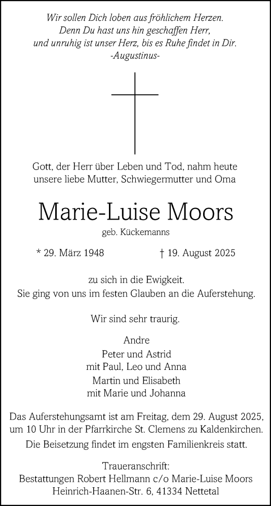 Traueranzeige von Marie-Luise Moors von trauer.extra-tipp-moenchengladbach.de