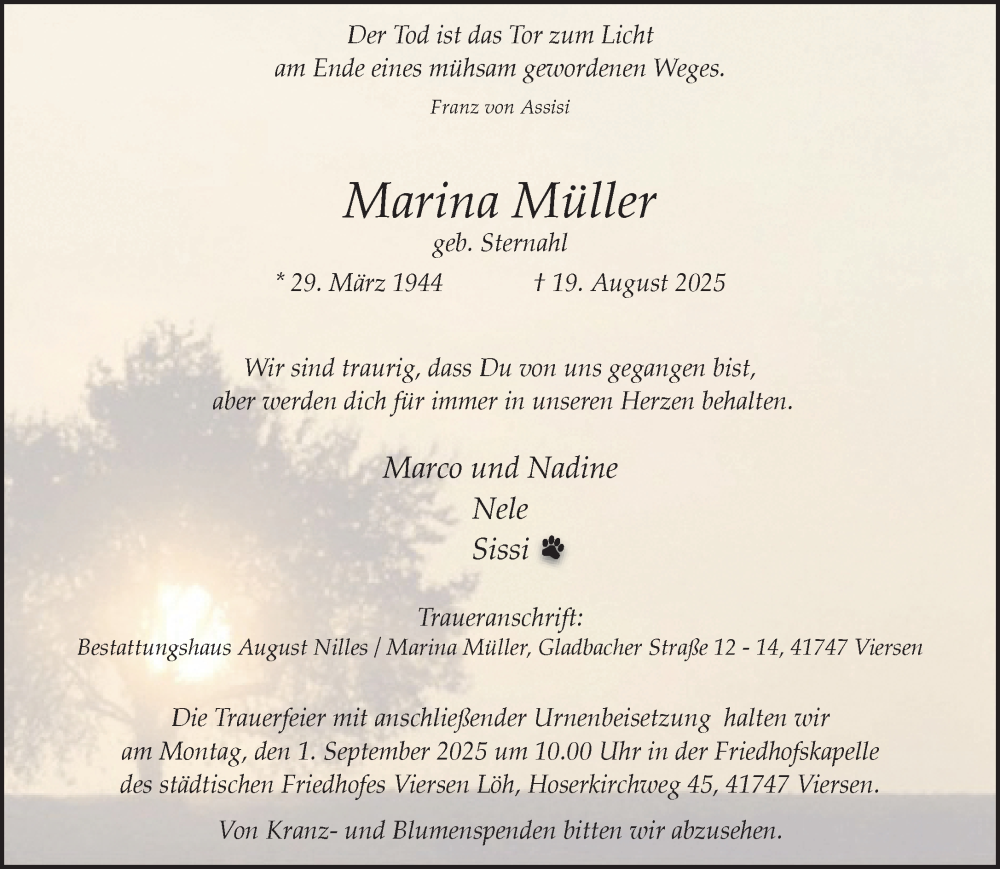  Traueranzeige für Marina Müller vom 24.08.2025 aus trauer.extra-tipp-moenchengladbach.de
