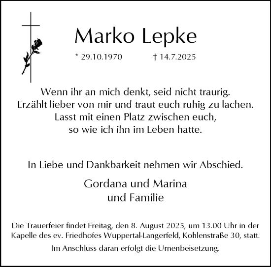 Traueranzeige von Marko Lepke von trauer.wuppertaler-rundschau.de