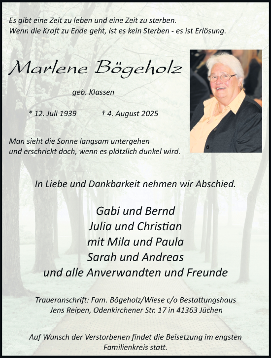 Traueranzeige von Marlene Bögeholz von trauer.stadt-kurier.de