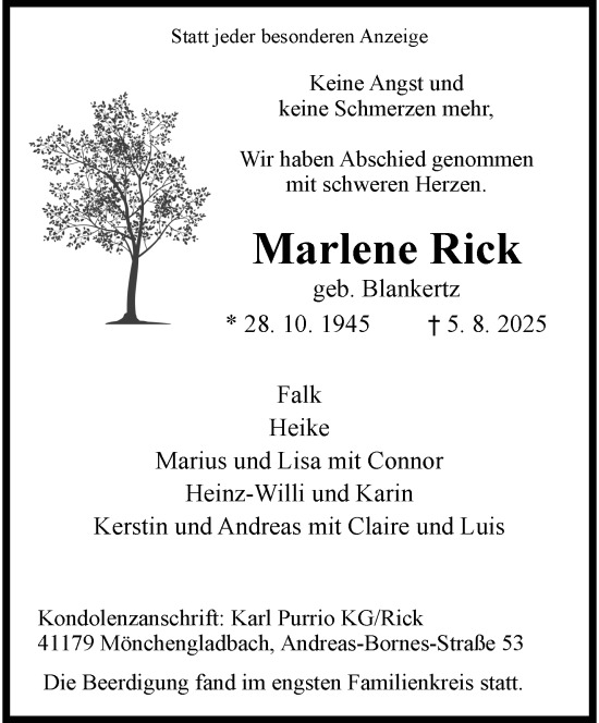 Traueranzeige von Marlene Rick von trauer.extra-tipp-moenchengladbach.de