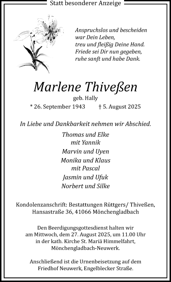 Traueranzeige von Marlene Thiveßen von trauer.extra-tipp-moenchengladbach.de