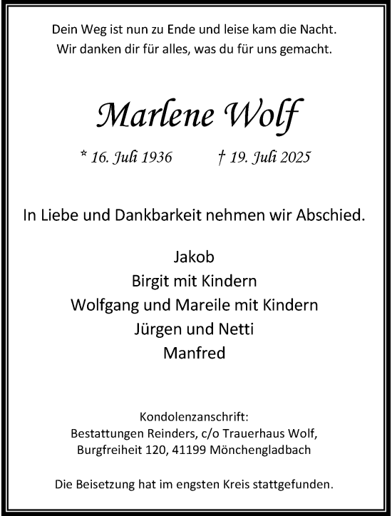 Traueranzeige von Marlene Wolf von trauer.extra-tipp-moenchengladbach.de