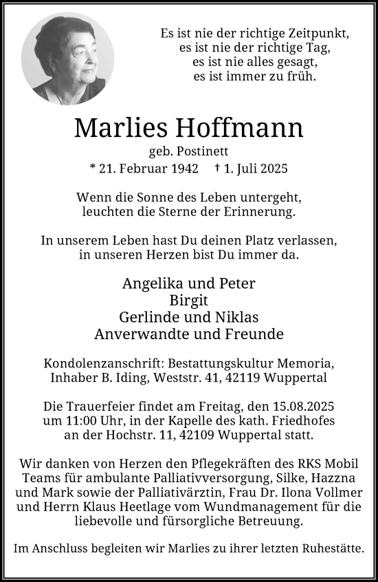 Traueranzeige von Marlies Hoffmann von trauer.wuppertaler-rundschau.de