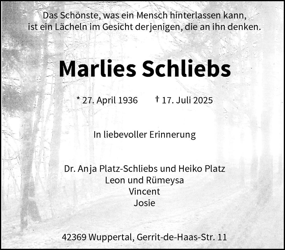  Traueranzeige für Marlies Schliebs vom 02.08.2025 aus trauer.wuppertaler-rundschau.de