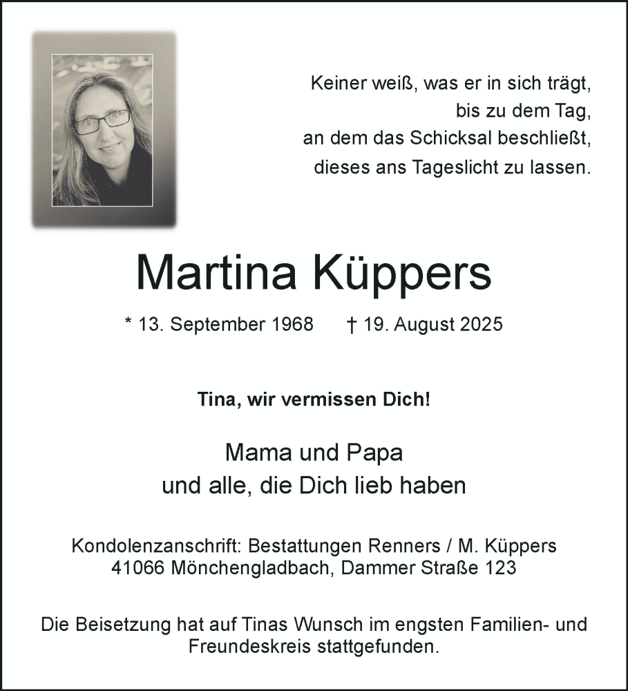  Traueranzeige für Martina Küppers vom 31.08.2025 aus trauer.extra-tipp-moenchengladbach.de