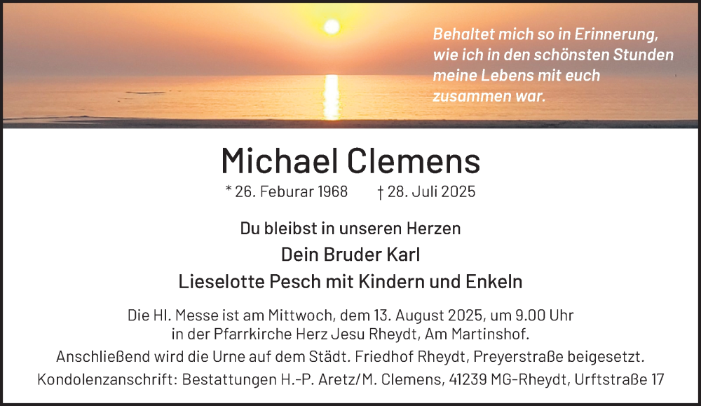  Traueranzeige für Michael Clemens vom 10.08.2025 aus trauer.extra-tipp-moenchengladbach.de