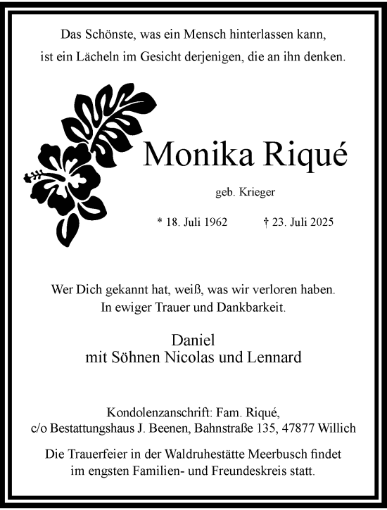 Traueranzeige von Monika Riqué von trauer.extra-tipp-moenchengladbach.de