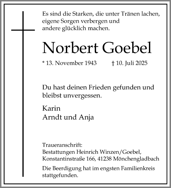 Traueranzeige von Norbert Goebel von trauer.extra-tipp-moenchengladbach.de