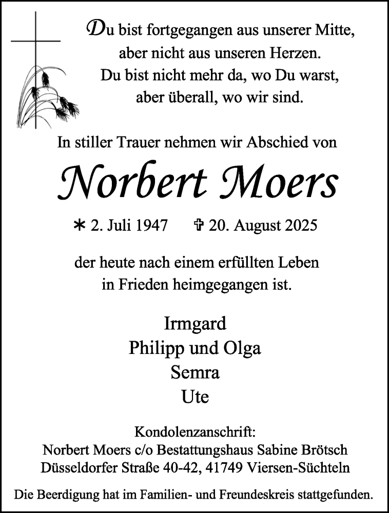  Traueranzeige für Norbert Moers vom 31.08.2025 aus trauer.extra-tipp-moenchengladbach.de