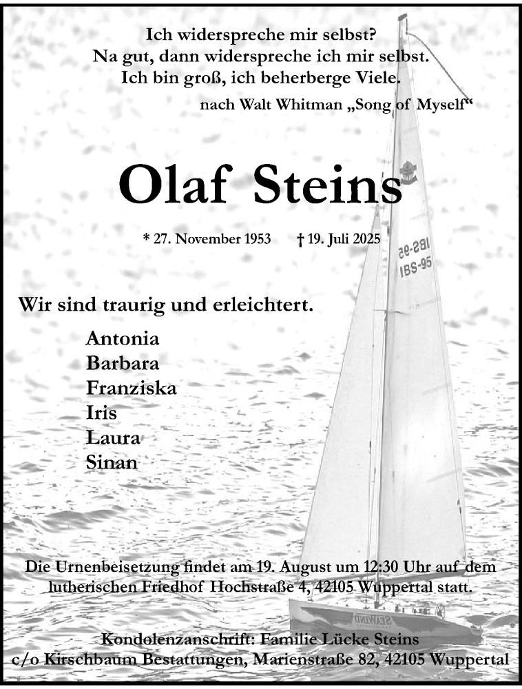  Traueranzeige für Olaf Steins vom 09.08.2025 aus trauer.wuppertaler-rundschau.de