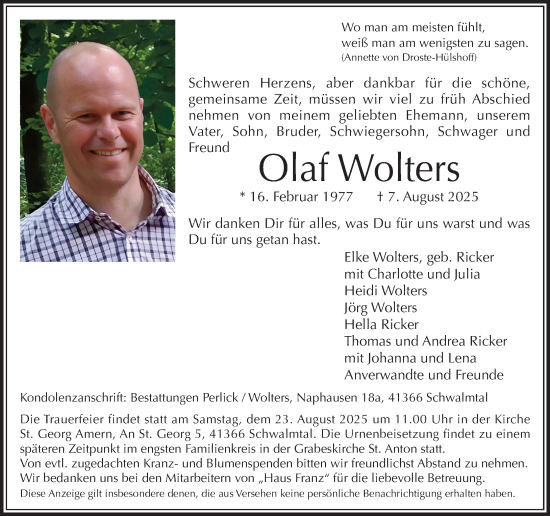 Traueranzeige von Olaf Wolters von trauer.extra-tipp-moenchengladbach.de