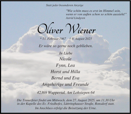 Traueranzeige von Oliver Wiener von trauer.wuppertaler-rundschau.de