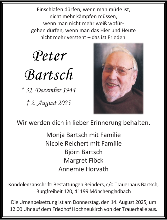 Traueranzeige von Peter Bartsch von trauer.stadt-kurier.de